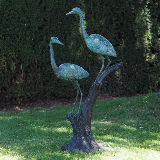 -Bronzefigur zwei Reiher auf Baumstamm-