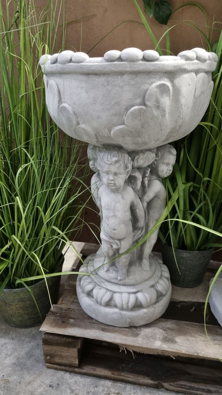 -Gartenfigur Drei Engel mit Schale zum bepflanzen- antik grau- unter Statuen/Skulpturen Statuen