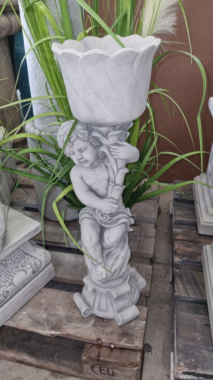 -Gartenfigur Junge mit Schale zum bepflanzen- antik grau-