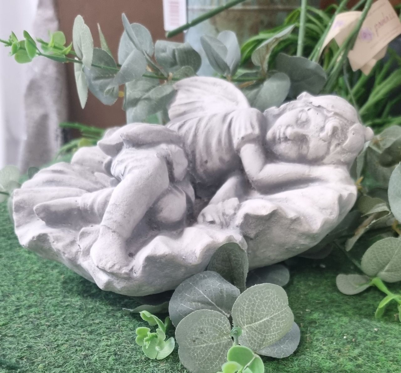 -Gartenfigur Kleine Elfe auf Blatt- grau patiniert- unter Statuen/Skulpturen Gargoyles & Fantasy
