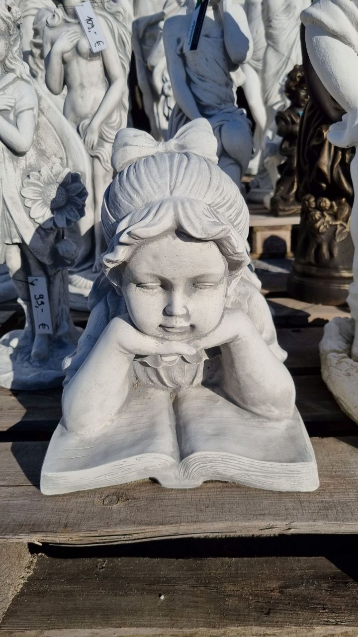 -Gartenfigur Mädchen mit Buch- liegend- antik grau- unter Statuen/Skulpturen Statuen