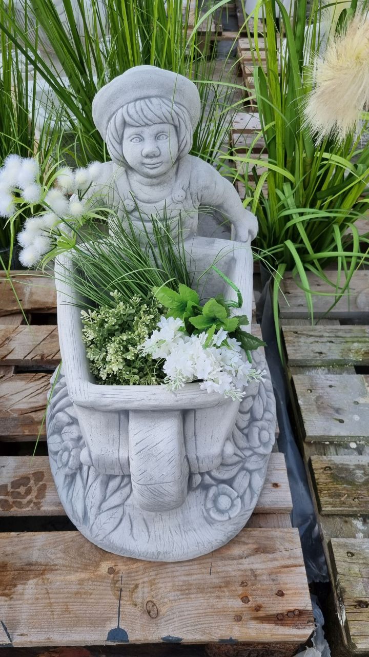 -Gartenfigur Mädchen mit Schubkarre- bepflanzbar- antik grau-