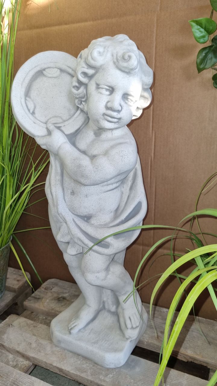 -Gartenfigur- Putte- Junge mit Tamborin- antik grau- unter Statuen/Skulpturen Statuen