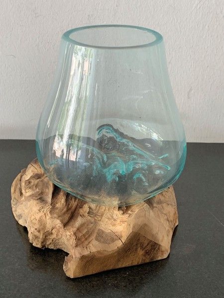 -Glas auf Wurzel Vase 23x23x23cm- unter Naturstein Teak Holz Deko