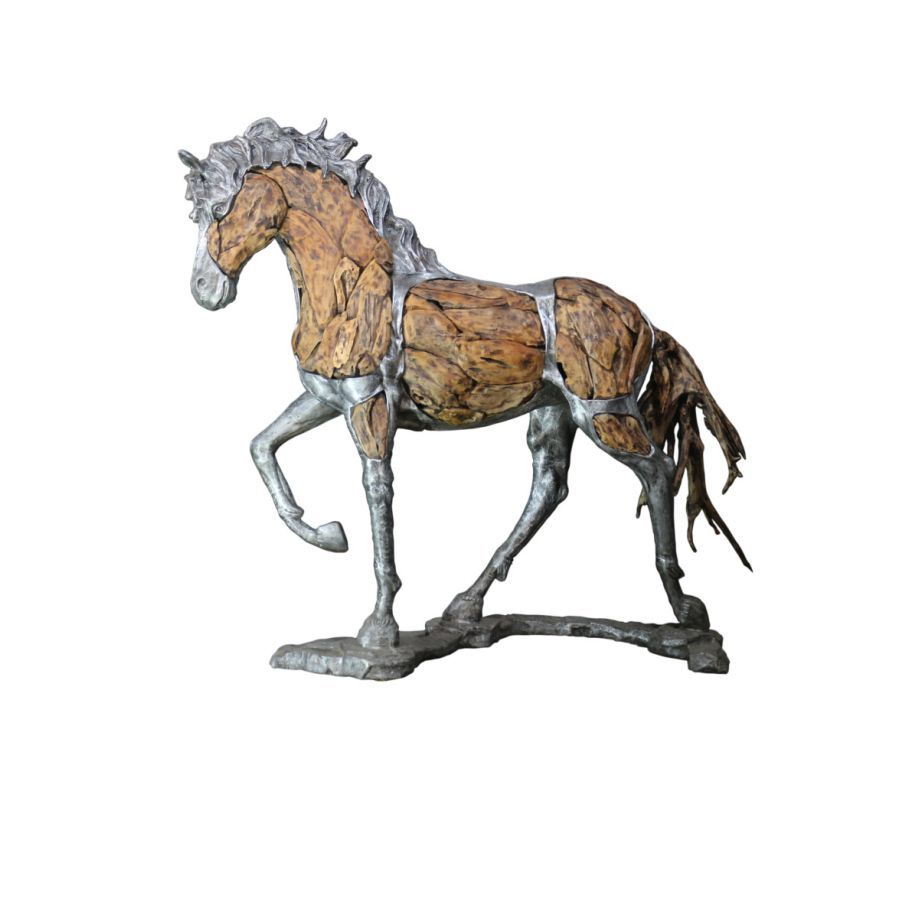 -Holzobjekt -Pferd- mit Teakwurzeln mit Aluminium-