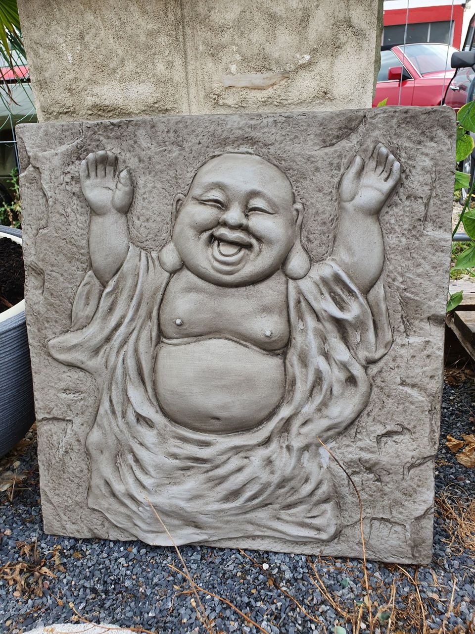 Gartenfigur Buddha Relief- grau