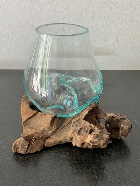 Glas auf Wurzel Vase 15x15x15cm unter Naturstein Teak Holz Deko
